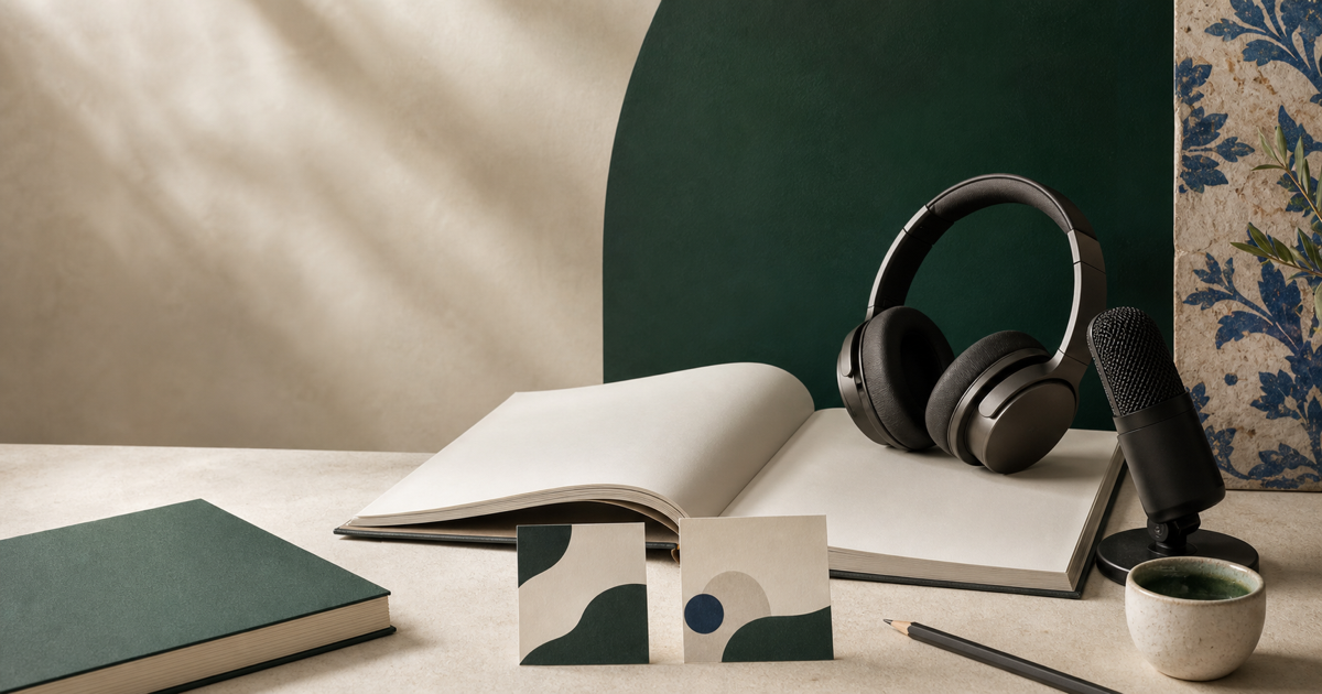 Open Portuguese study booklet with headphones, microphone and conversation cards in a deep-green studio.